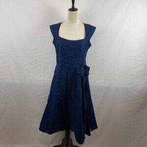 Lindy Bop Fit & Flare Dress US L Navy Blue Black Trim Pleated Sleeveless Bow